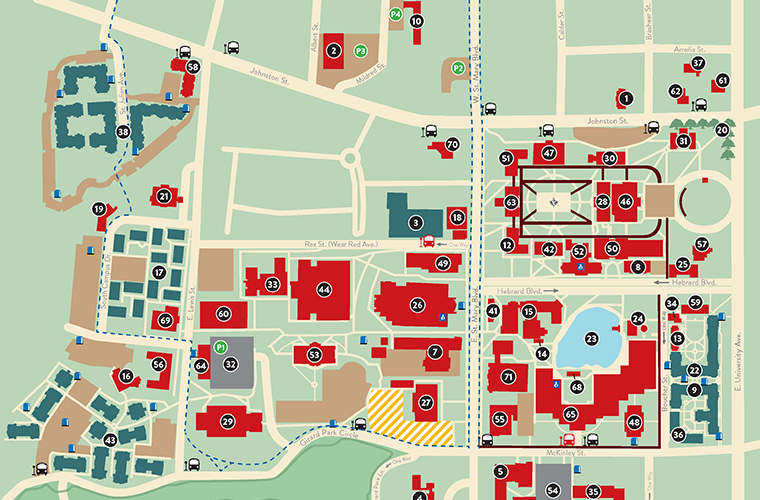 Portion of the University of Louisiana at Lafayette campus map showing from East University Ave to Legacy Park Housing.
